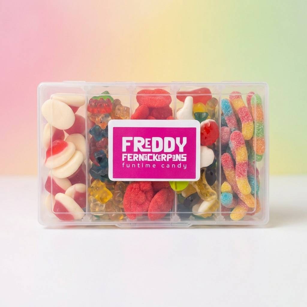 Clear container of colorful candies with a pink label on a gradient background