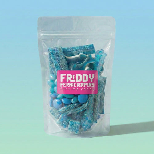 Packaged blue candy with Freddy Frenckersons branding on a light blue background
