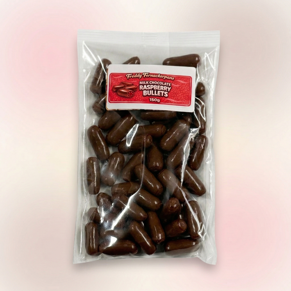 Milk Chocolate Raspberry Bullets – Freddy Fernackerpans funtime candy