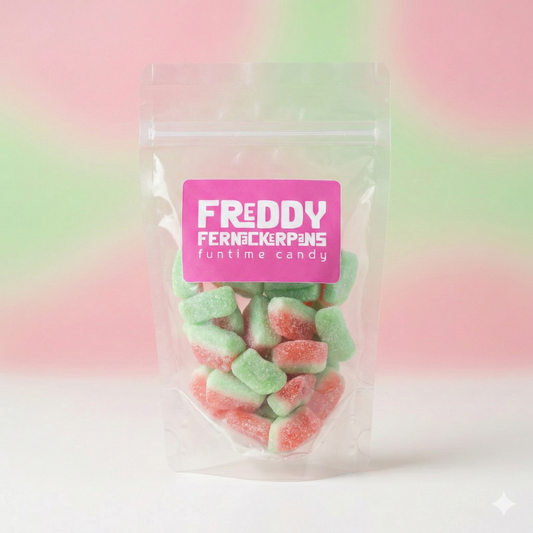 Packaged candy with Freddy Fersheckerpins branding on a gradient background