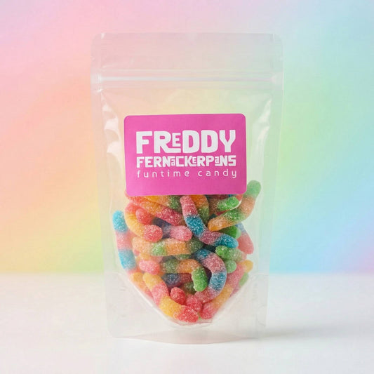 Packaged candy with a pink label on a colorful gradient background