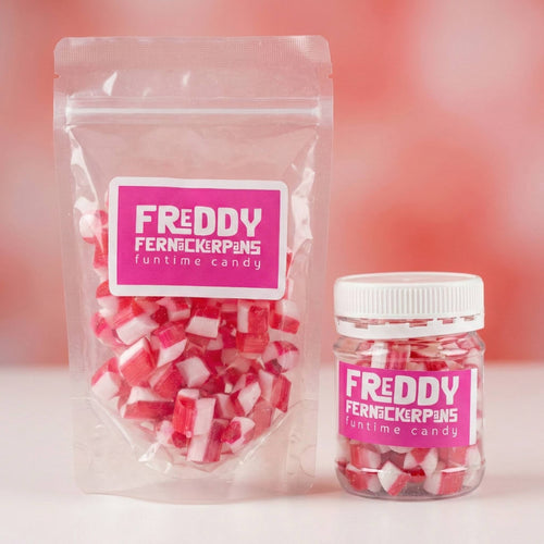 Freddy Fennecerkpins candy packaging on a pink background