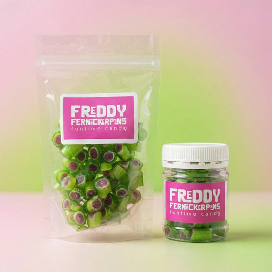 Two packages of Freddy Fernickel's funtime candy on a gradient background