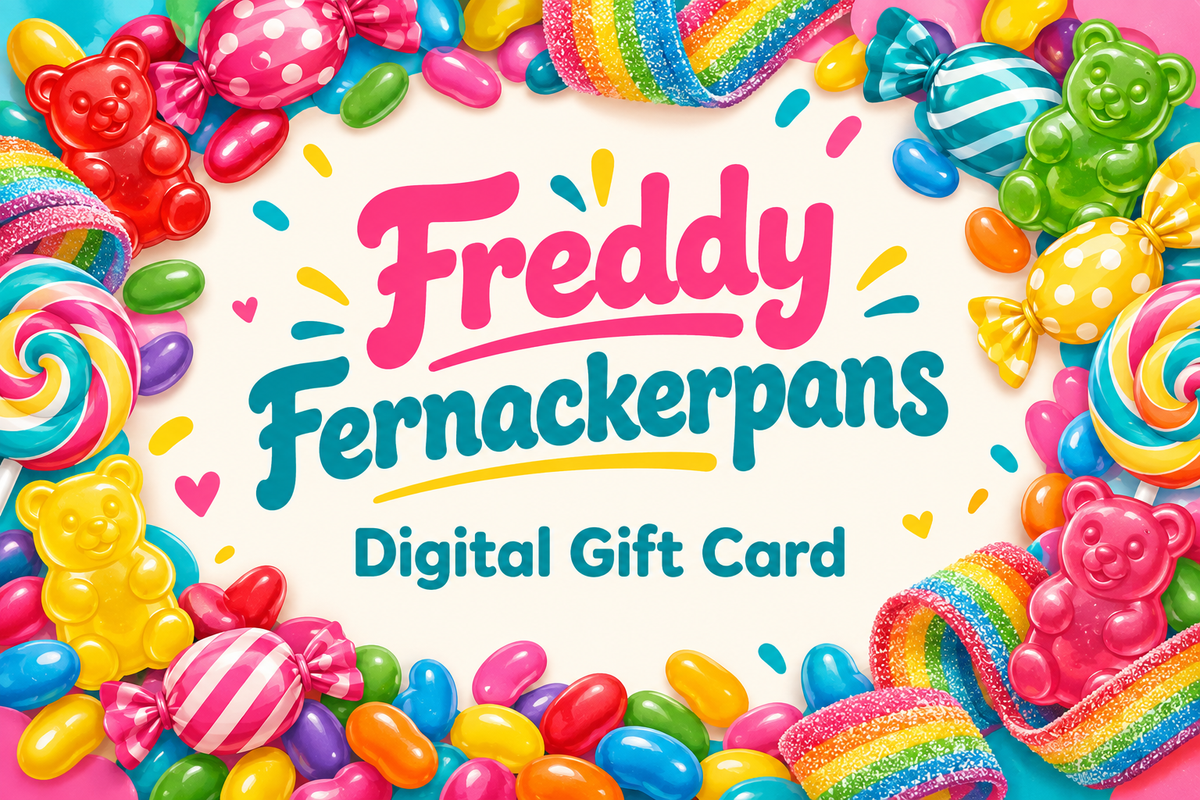 Freddy Fernackerpans Digital Gift Card surrounded by colourful illustrated candy